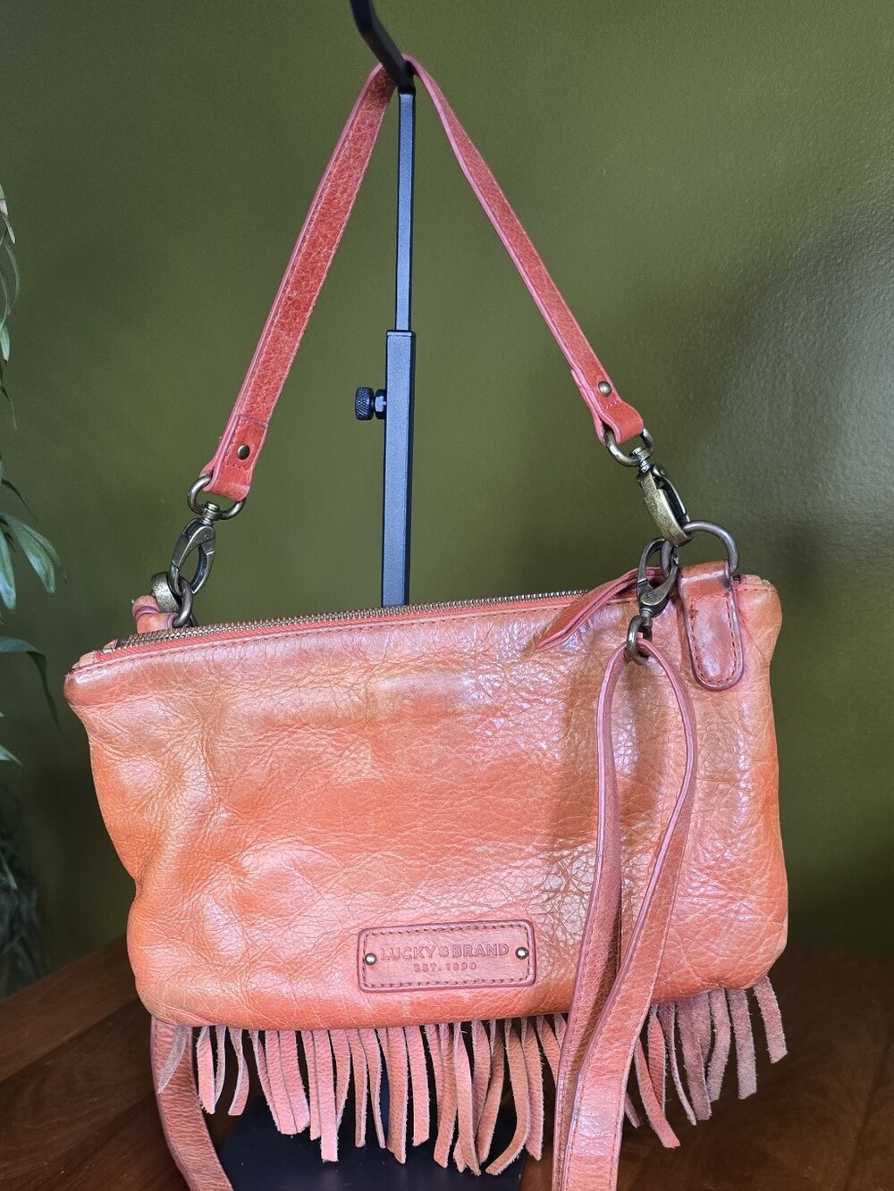 Lucky Brand Bailey Convertible Cross Body Bag Hibiscus Orange Fringe